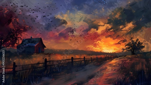 Rural scene at sunset