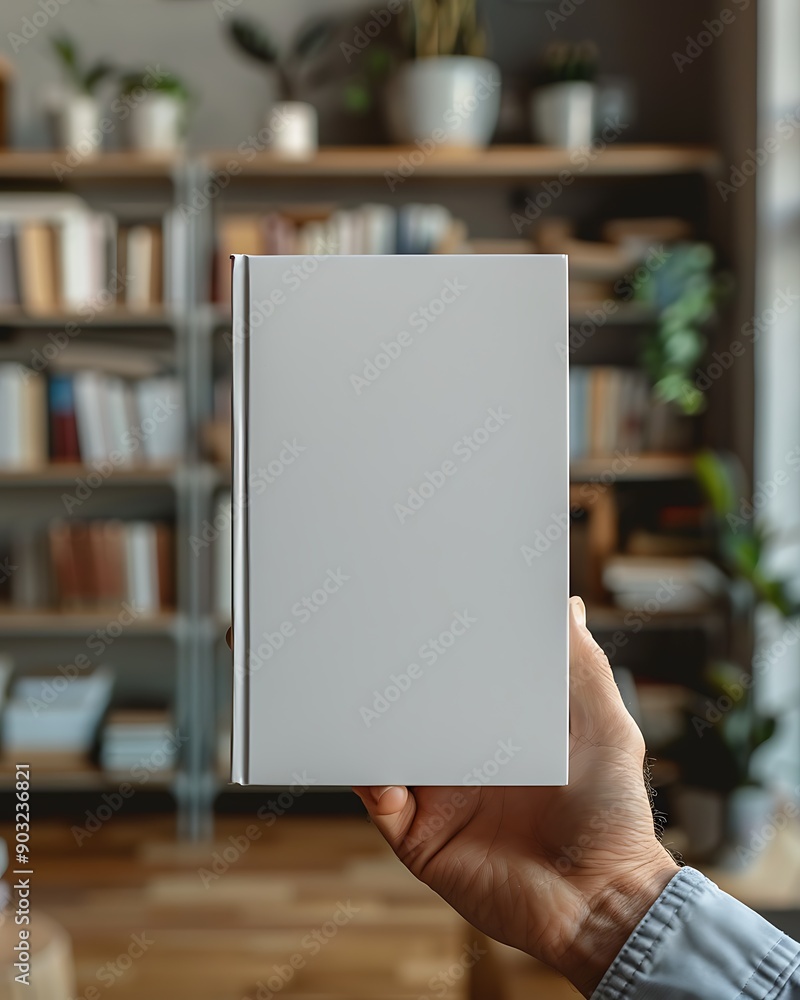 A person holding a blank white book in a cozy library setting with shelves filled with books and plants in the background. A person holding a blank white book in a cozy library setting with shelves filled with books and plants in the background.