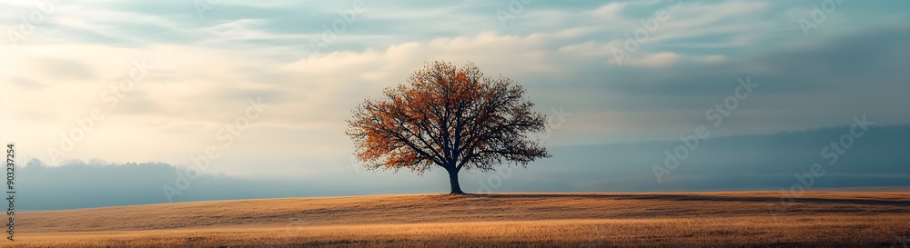 Fototapeta premium Lonely autumn tree silhouette, dried grass field, serene landscapes, tranquil nature beauty, emotional solitude, perfect for marketing, education, wellness, copy space for text,...