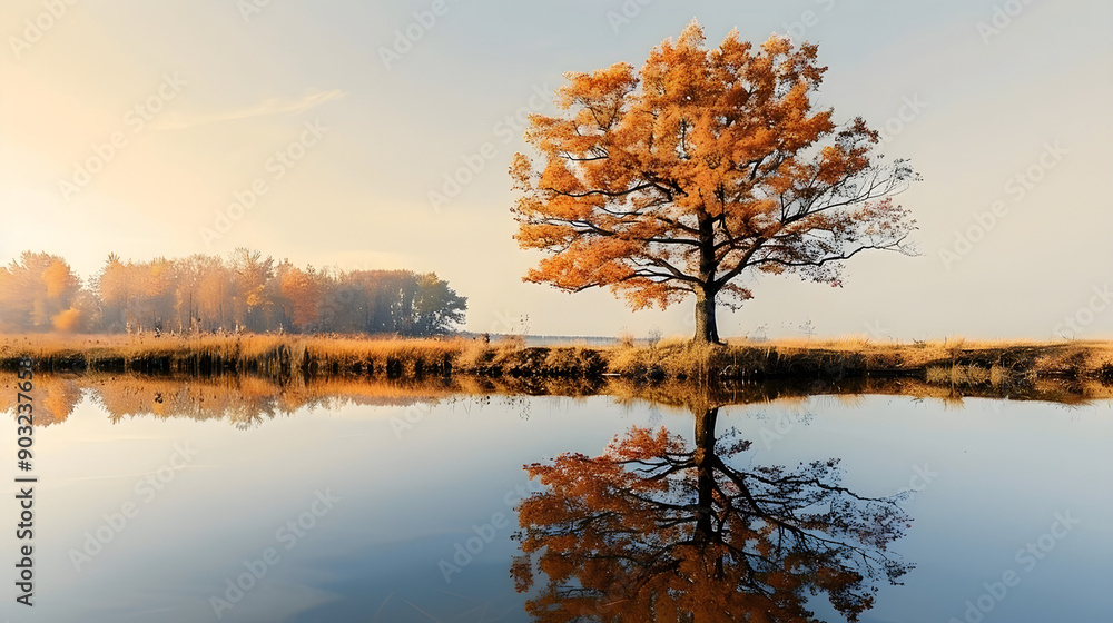 Obraz premium autumn tree reflection, serene landscape, calming nature scene, tranquil water mirror, vibrant orange foliage, peaceful outdoor escape, seasonal transition, ecological beauty,...