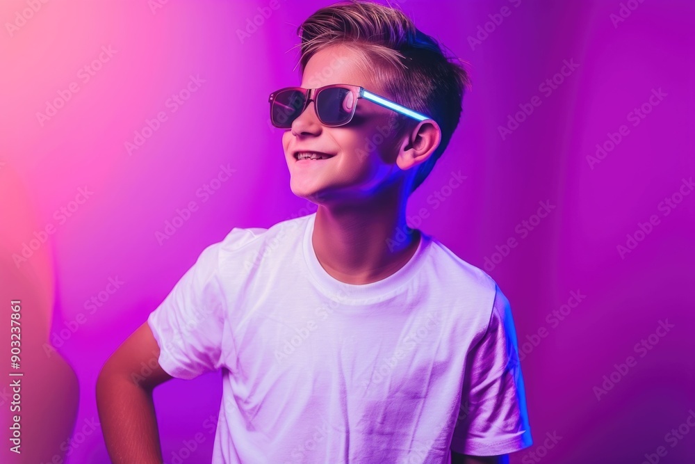 Smiling young man in casual attire against purple neon background. Smiling young man in casual attire against purple neon background.