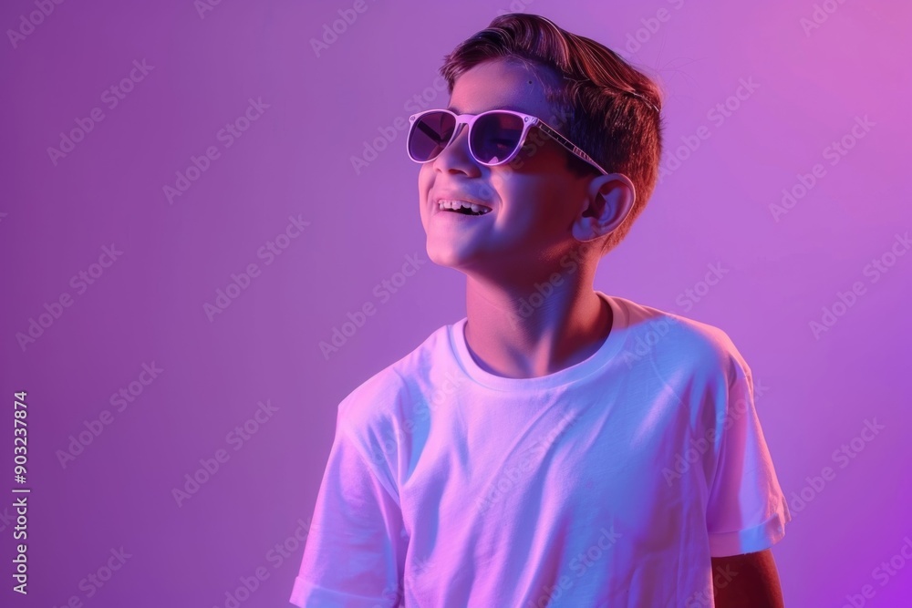 Smiling young man in casual attire against purple neon background. Smiling young man in casual attire against purple neon background.