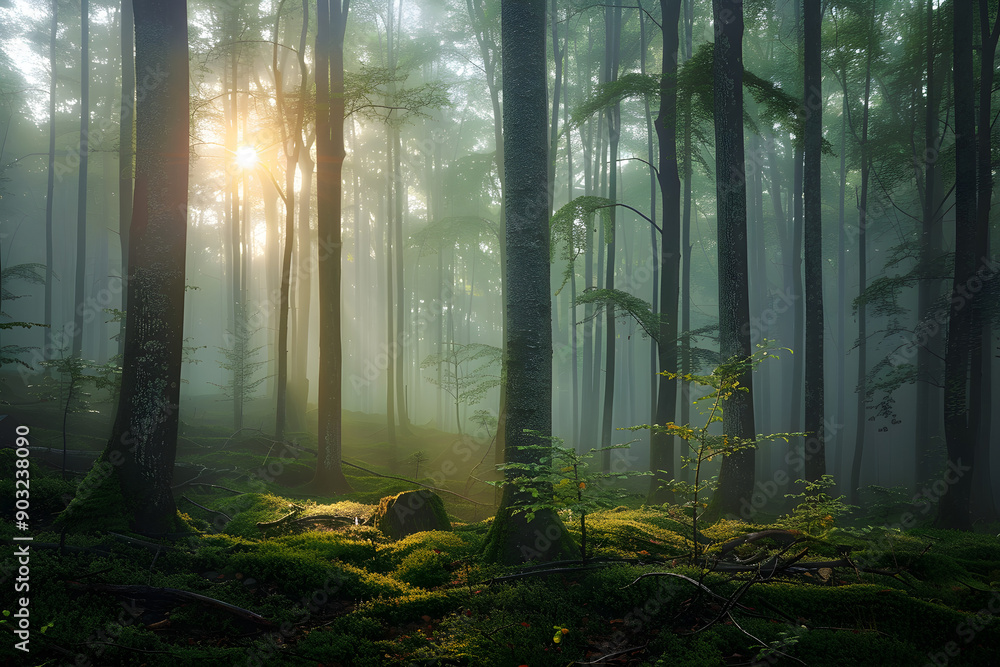 Obraz premium mystical forest, morning light piercing through mist, serene nature, tranquility, lush greenery, forest therapy, peaceful retreat, emotional healing, backdrop for meditation, copy space for text,...
