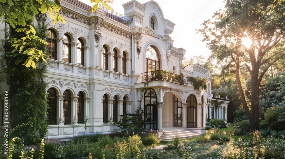 Detailed white mansion with elaborate windows and lush greenery. Detailed white mansion with elaborate windows and lush greenery.