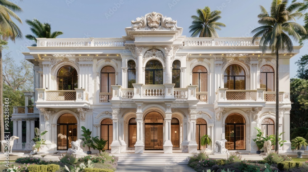 Obraz premium Detailed white mansion with exquisite carvings and large windows.