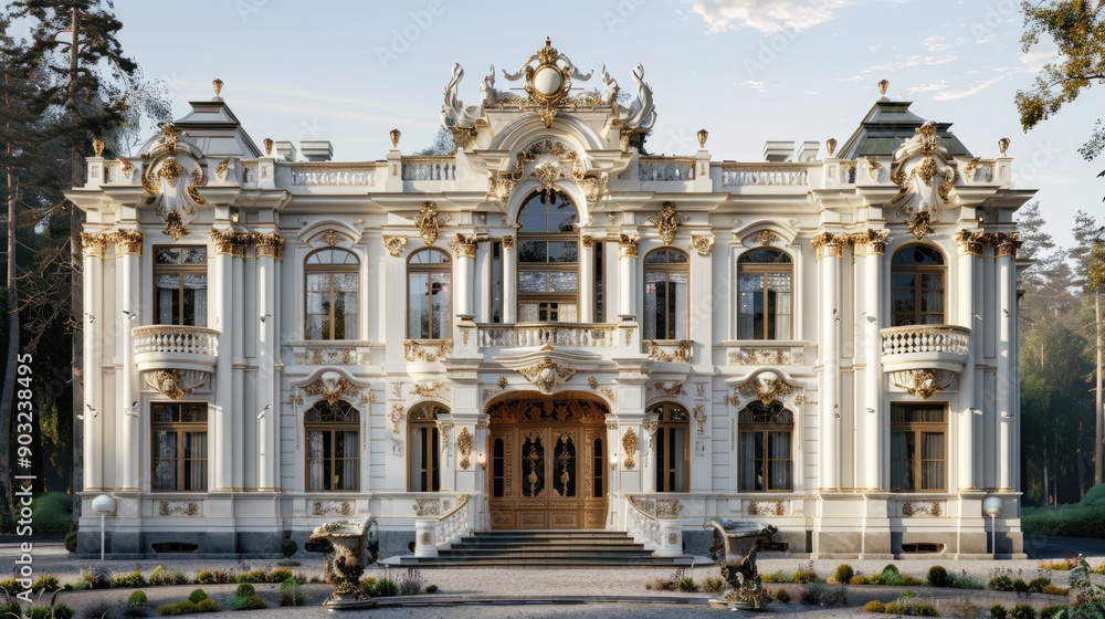 Detailed white mansion with exquisite carvings and large windows. Detailed white mansion with exquisite carvings and large windows.
