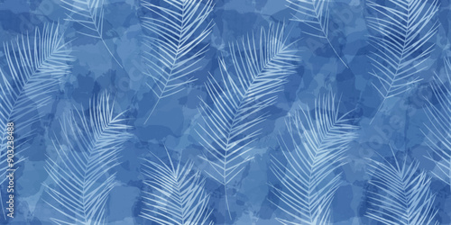 Tropical pattern, palm leaves seamless vector background. Exotic plant on watercolor stains jungle print. Leaves of palm tree.