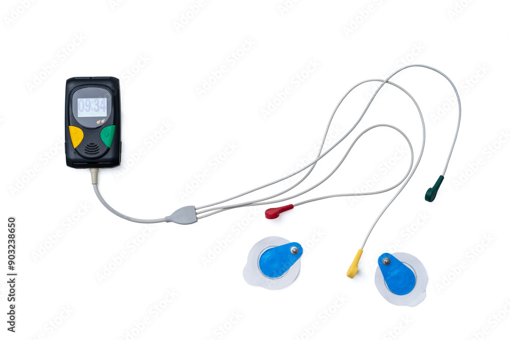 Dynamic ECG. Cardiac Holter, equipment used to monitor the electrical activity of the heart over a period of time. Isolated, white background Dynamic ECG. Cardiac Holter, equipment used to monitor the electrical activity of the heart over a period of time. Isolated, white background
