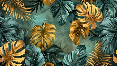 A vibrant and tropical pattern featuring a mix of green and golden leaves, perfect for nature-themed designs and backgrounds.