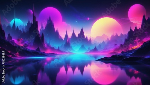 abstract wallpaper of a fantastical neon landscape with reflections,vibrant futuristic background, illustration banner created with generative ai. 