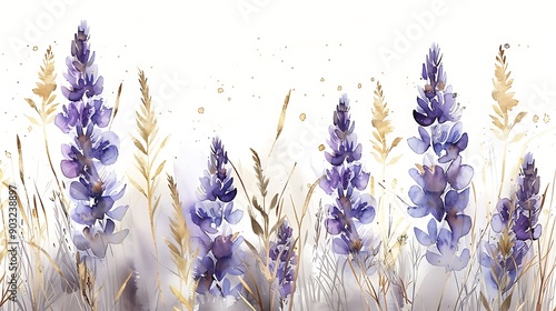Fototapeta Naklejka Na Ścianę i Meble -  A beautiful watercolor depiction of purple lupine flowers surrounded by delicate grasses, creating a serene and artistic floral composition. 