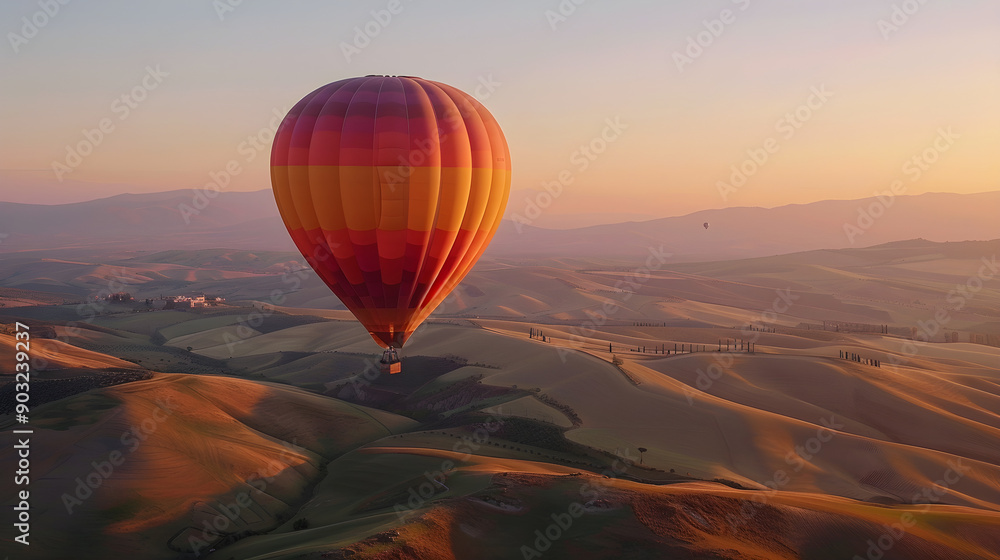 Gracious hot air balloon floats gently over picturesque rolling hills on a sunny day. Gracious hot air balloon floats gently over picturesque rolling hills on a sunny day.