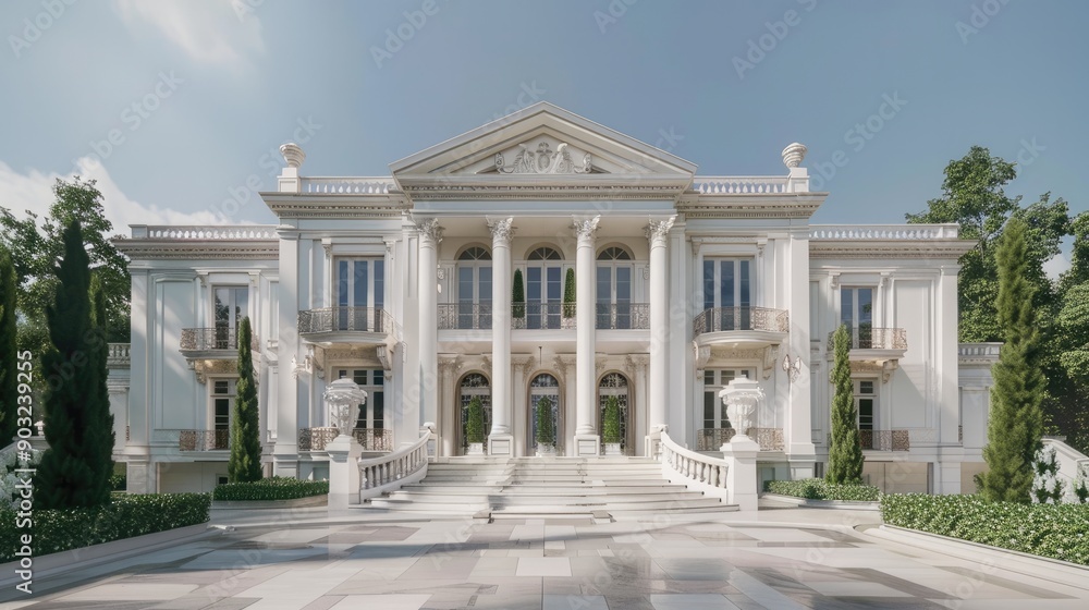 Obraz premium Grand white mansion with detailed exterior and elegant entrance.