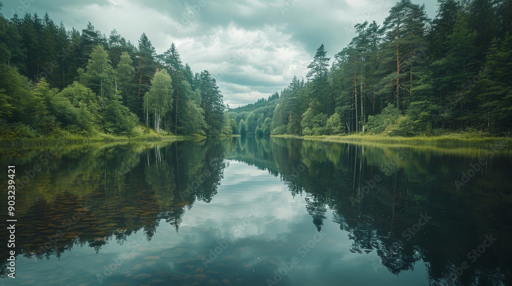 Tranquil river with reflections of the surrounding forest, calm and serene Tranquil river with reflections of the surrounding forest, calm and serene
