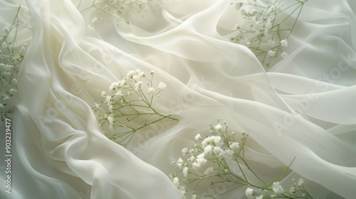 White flowers and flowing fabric create a delicate and ethereal image