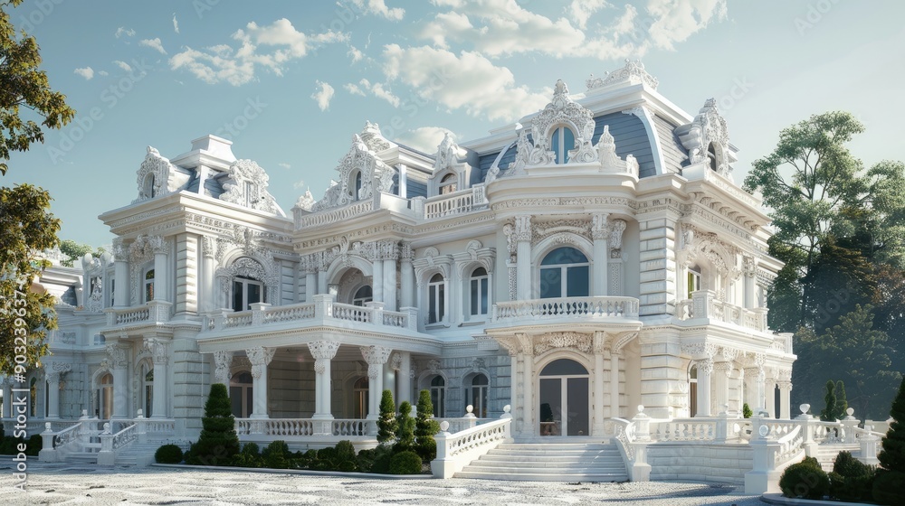 Fototapeta premium Luxurious white mansion with intricate stonework and classic architectural elements.