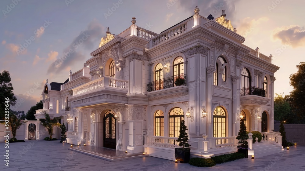 Fototapeta premium Luxurious white mansion with intricate stonework and classic architectural elements.