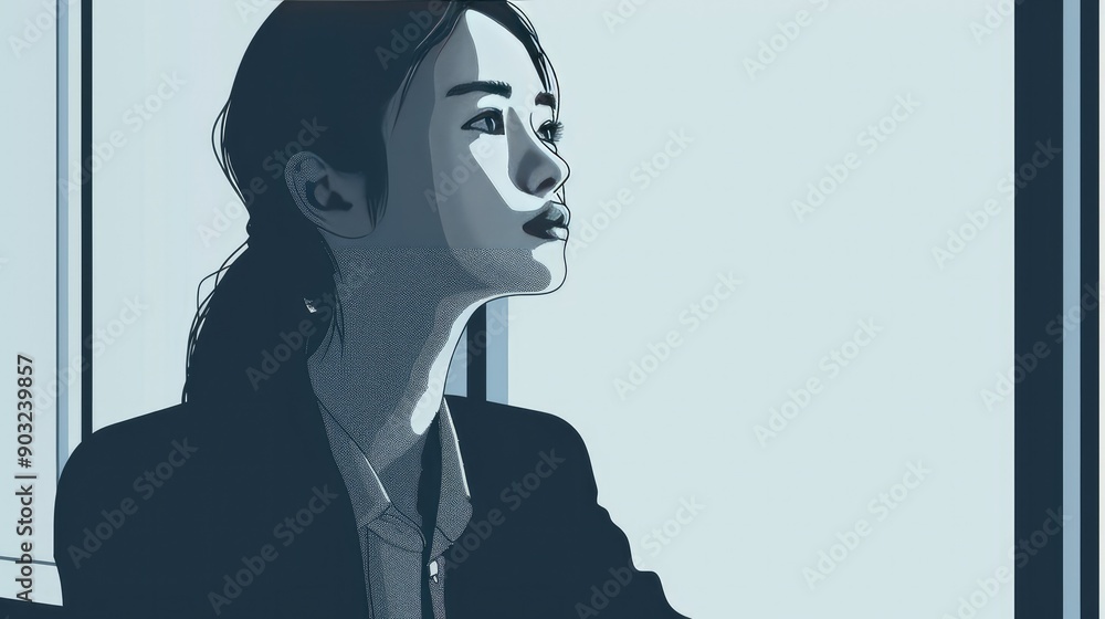 Minimalist line art of an Asian woman in a suit, looking out a window thoughtfully. Minimalist line art of an Asian woman in a suit, looking out a window thoughtfully.
