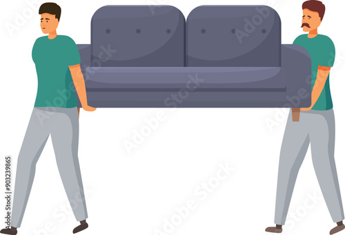 Two movers are carefully carrying a large sofa, demonstrating teamwork and strength during a house move