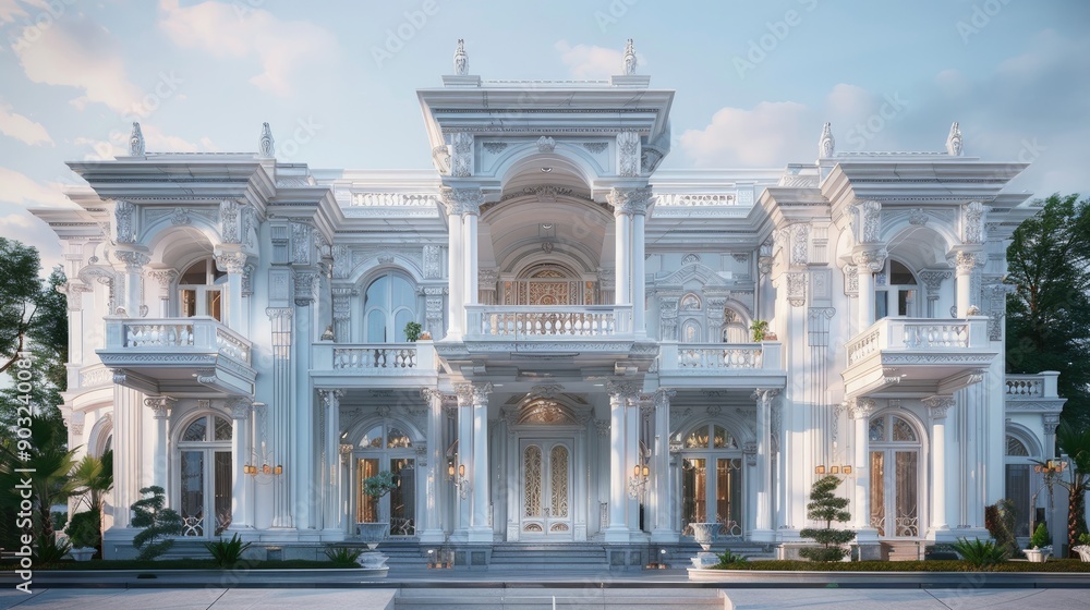 Obraz premium Ornate white mansion with intricate architectural details, front perspective.