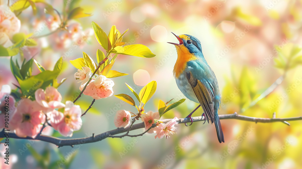A colorful bird perched on a flowering branch, singing in the vibrant spring forest, with a backdrop of blossoming trees and fresh greenery. A colorful bird perched on a flowering branch, singing in the vibrant spring forest, with a backdrop of blossoming trees and fresh greenery.