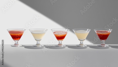glasses with various color, flavor champagne cocktail aligned in a row