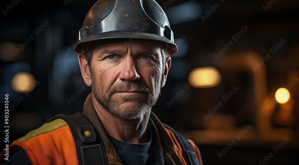 portrait of a middle-aged construction worker in a hard hat and safety vest, a close-up shot, blurred warehouse background portrait of a middle-aged construction worker in a hard hat and safety vest, a close-up shot, blurred warehouse background