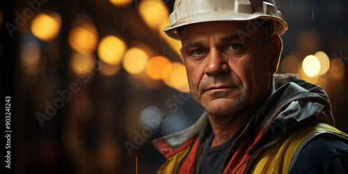 portrait of a middle-aged construction worker in a hard hat and safety vest, a close-up shot, blurred warehouse background