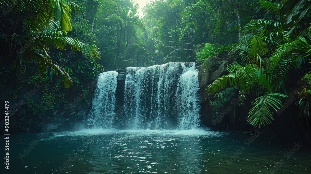 Tropical rainforest with a waterfall cascading into a pool, lush greenery Tropical rainforest with a waterfall cascading into a pool, lush greenery