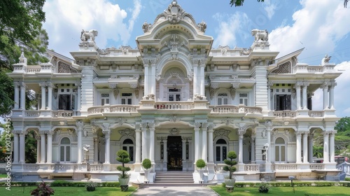 White mansion with intricate carvings and classic detailing, front view.