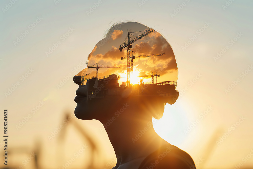 A double exposure image of a woman and a construction site at sunset. Generated by AI. A double exposure image of a woman and a construction site at sunset. Generated by AI.
