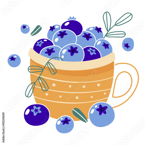 Ripe blueberries in a orange porcelain cup. A handful of ripe and juicy berries. Vector image on a white background