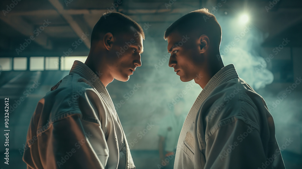 Two Judo Athletes Face Off in a Smoky, Industrial Setting Two Judo Athletes Face Off in a Smoky, Industrial Setting