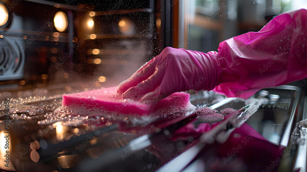 A close-up of a hand wearing a pink glove cleaning an oven with a sponge, emphasizing hygiene and domestic maintenance. A close-up of a hand wearing a pink glove cleaning an oven with a sponge, emphasizing hygiene and domestic maintenance.