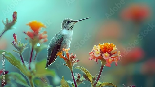 Macro photo of a hummingbird perched on a flower