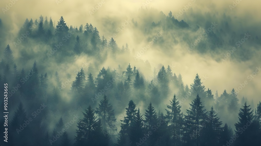 Misty landscape with fir forest Misty landscape with fir forest