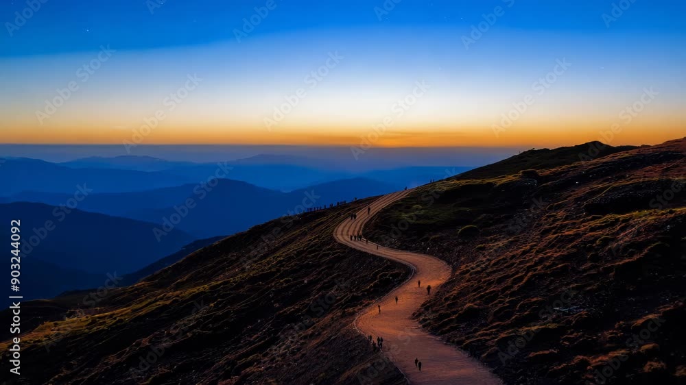 Winding dirt path descends mountainside at dusk. Vibrant sunset fades to cool blue twilight over distant peaks. Time-lapse captures day's end, evoking journey and reflection. Winding dirt path descends mountainside at dusk. Vibrant sunset fades to cool blue twilight over distant peaks. Time-lapse captures day's end, evoking journey and reflection.