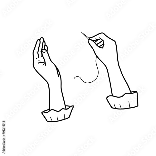 Female Hands holding Needle with Thread isolated on a white background. Hand drawn Vector Illustration. Vintage style. Outline graphics of Hobby, Sewing and Embroidery Needlework.