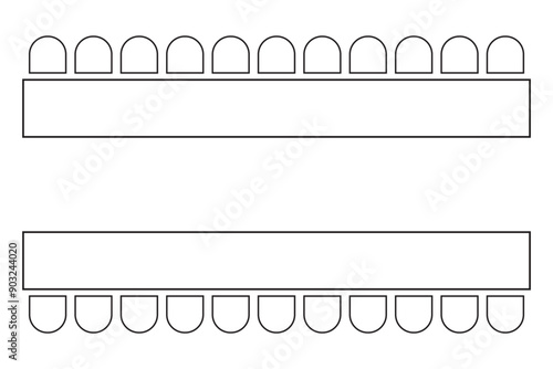 Seats arrangement on banquet or wedding event in restaurant or cafe. Cafeteria or canteen seating interior plan. Top view. Schematic tables and chairs icons set. Vector outline illustration