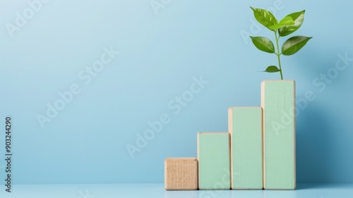 A green plant grows on top of ascending wooden blocks, symbolizing growth and success. photo