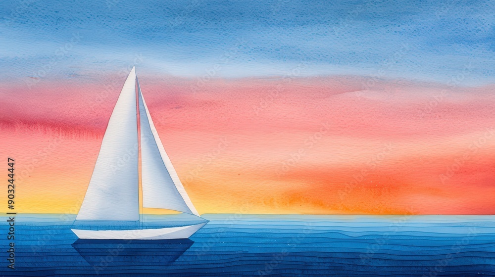 Obraz premium A lone sailboat sails on a tranquil sea under a vibrant, colorful sunset sky.