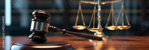 Gavel on desk with AI screen in background, symbolizing legal implications of artificial intelligence in technology and law