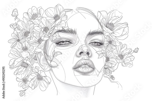 Continuous line art of womans face with flowers.