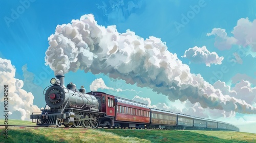 A vintage steam locomotive chugs across a vast field, billowing white smoke against a blue sky with fluffy clouds. photo