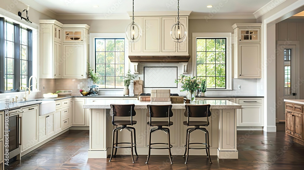 Bright & Airy Farmhouse Kitchen with White Cabinets, Wood Floors, and Industrial Stools Bright & Airy Farmhouse Kitchen with White Cabinets, Wood Floors, and Industrial Stools