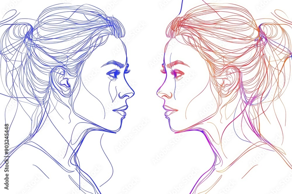 Two women startup founders discuss business in continuous line drawing. Two women startup founders discuss business in continuous line drawing.