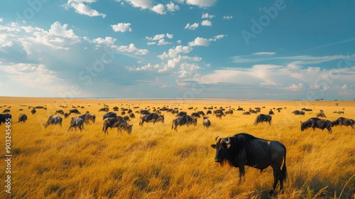 Vast savannah with wild animals grazing, African landscape