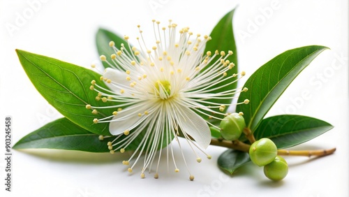 Myrtle flower isolated on white background. Myrtus flowering twig and leaves photo