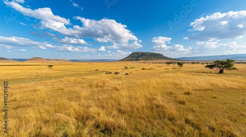 Vast savannah with wild animals grazing, African landscape