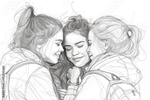 three female friends greeting hugging each other one line drawing